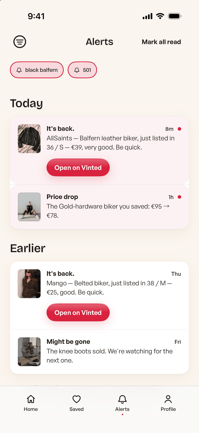 Alerts tab: a listing that came back, a price drop on a saved piece, and one that might be gone