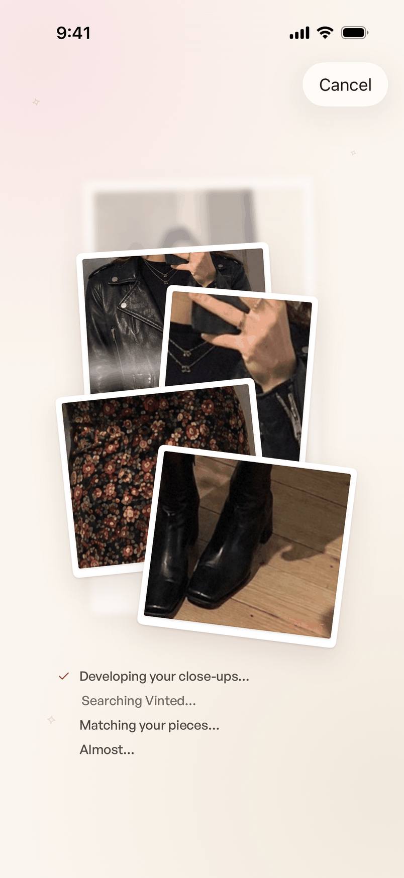 The search in progress: close-ups of each piece developing while the app checks Vinted