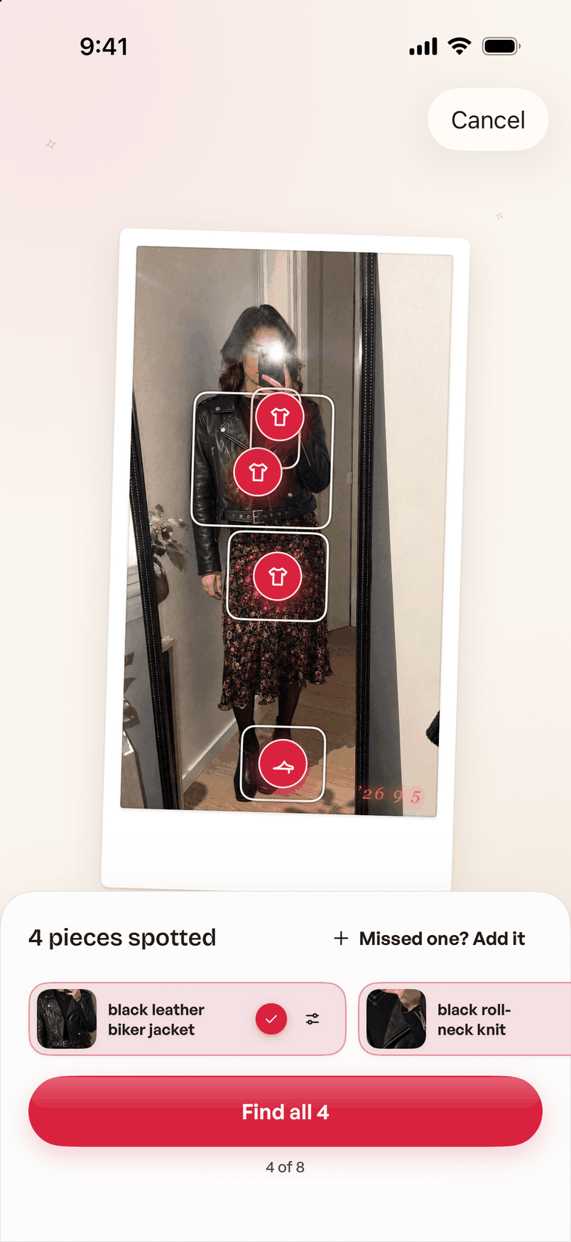 A shared screenshot with numbered pins on each piece the app spotted, and a button to find all of them