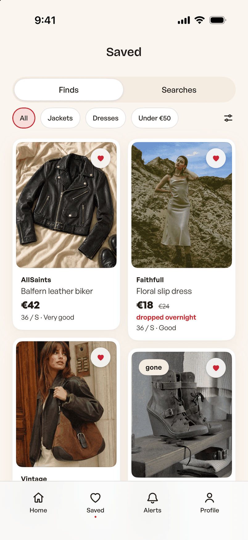 Saved tab: hearted listings with prices and sizes, and a saved search waiting for alerts