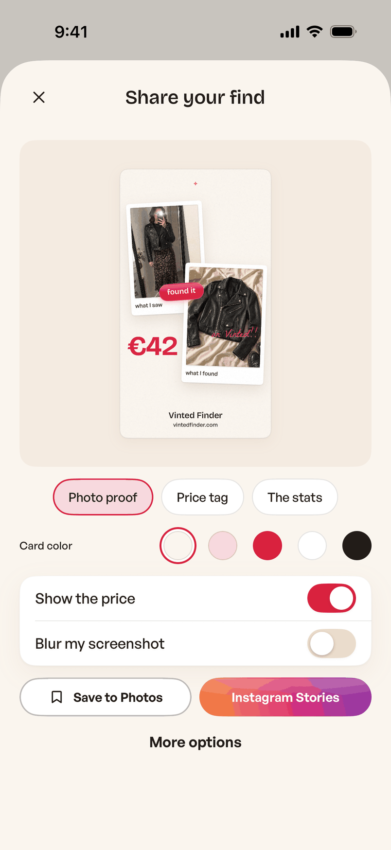 The share sheet: a photo-proof card pairing the screenshot with the listing found, ready for Instagram Stories